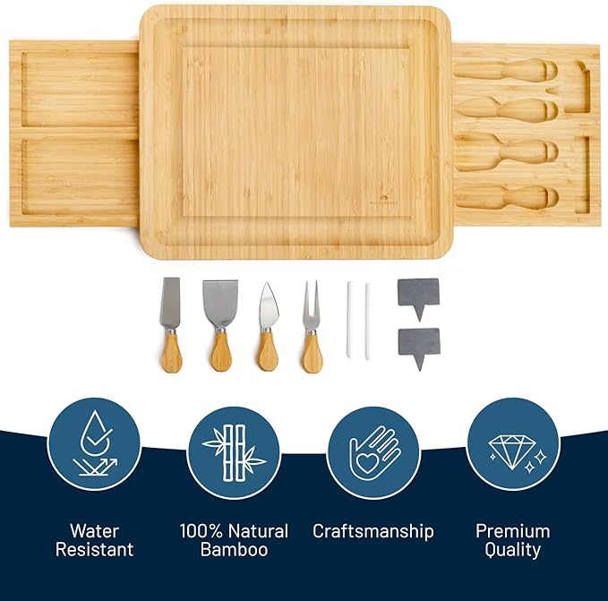 RoyalHouse Unique Bamboo Cheese Board and Knife Set with 2 Slide-Out Cutlery Drawers - Charcuterie Boards Set - Birthday Gifts for Women, Wedding Gifts for Couples 2025, Bridal Shower Gifts