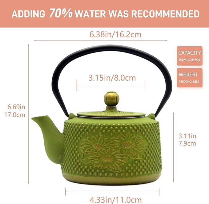 Cast Iron Teapot with Sunflower Pattern,SECHUDO Tea Kettle Coated with Enameled Interior for Loose Tea,Green Cast Iron Teapot with Stainless Steel Infuser for Stovetop Safe (28.7oz/850ml)
