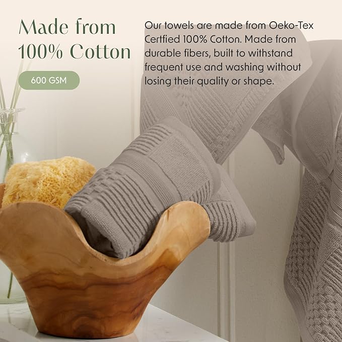 Springtree Home 100% Cotton Bath Towel Set of 4 | Brown Bath Towels | Geometric Textured Design | Absorbent & Quick-Dry | 4 Bath Towels | Oeko-TEX® Standard 100 Cotton | Myla Collection - Cobblestone