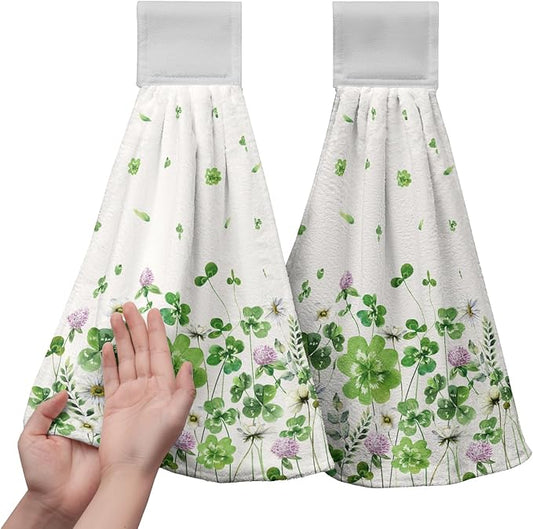 St Patricks Day Hanging Kitchen Towel Green Shamrocks Floral Hand Tie Towels Clover Saint Patrick's Day Hanging Dish Towels with Loop 12 x 17 inch Soft Spring Lucky Decor for Bathroom