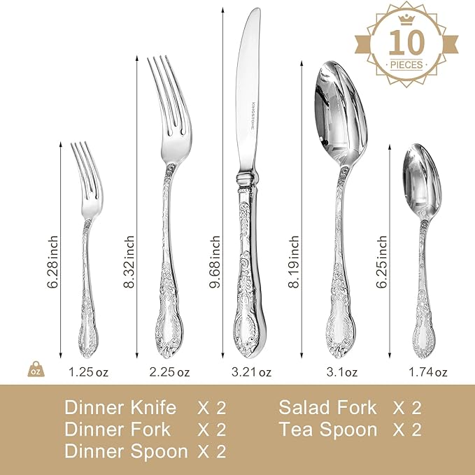 KINGSTONE Vintage Carved Silverware Set, 10-Piece 18/10 Stainless Steel Flatware Cutlery Set with Retro Royal Thick Handle, Tableware Utensils for Home, Restaurant, party, Wedding, Dishwasher Safe