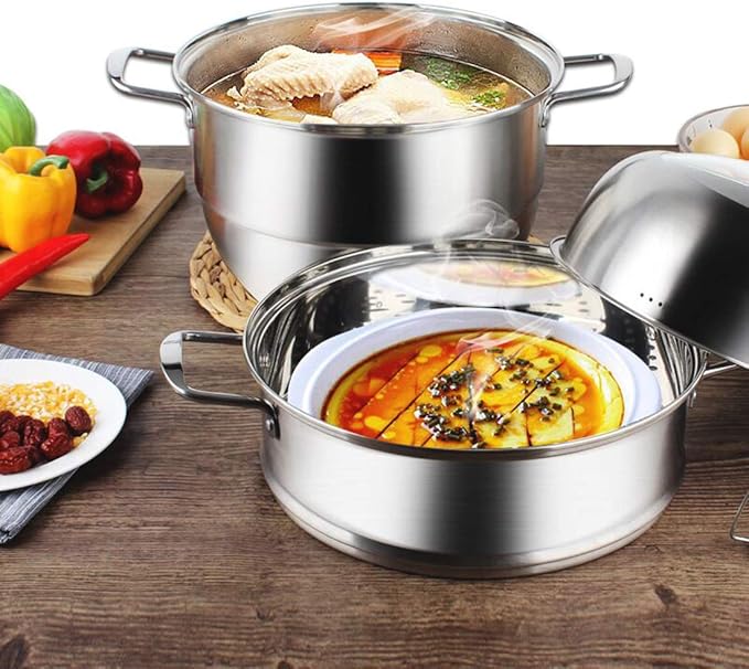 Stainless Steel Steamer Pot Thick-bottomed, 3 Tier Food Steamer for Cooking, Large Metal Steam Cooker, Work for Induction and Stove, Suitable for Tamale, Vegetable, Dumpling and Seafood