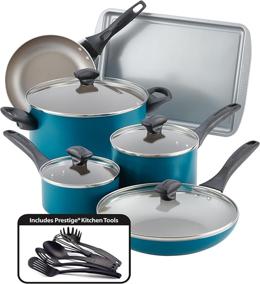 Farberware 20361 Dishwasher Safe Nonstick Cookware Set / Pots and Pans Set - 15 Piece, Blue