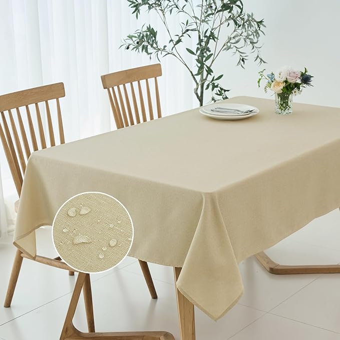 maxmill Rectangle Linen Textured Tablecloth Waterproof Spillproof Wrinkle Free Washable Fabric Table Cloth Kitchen Dining Tabletop Decoration Table Cover for Holiday Dinner Party, 52 x 70 Inch, Beige