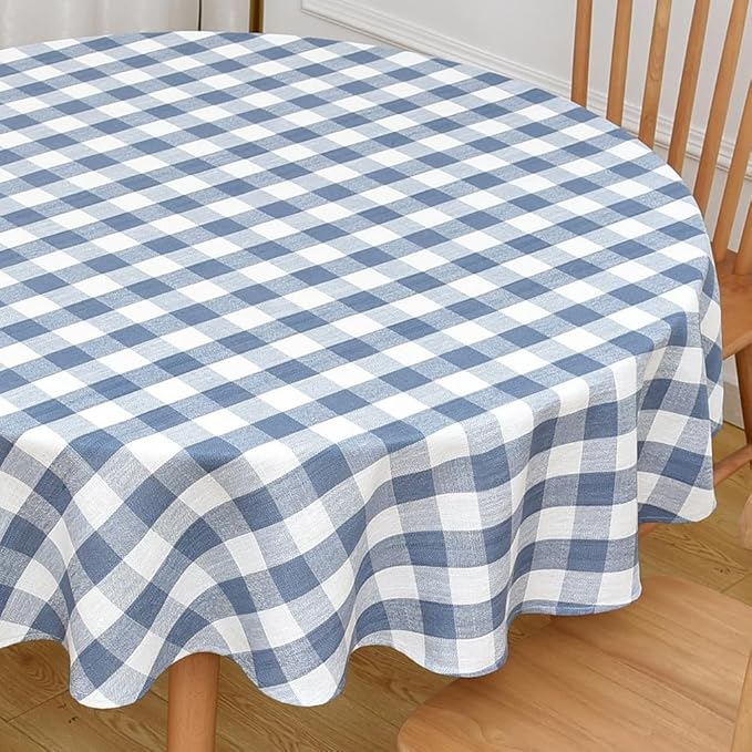 Gingham Round Tablecloth Table Cloth Heavy Duty Cotton Checkered Table Cloth Round Cover for Dining Room(R-Blue, 53 inch Diameter)