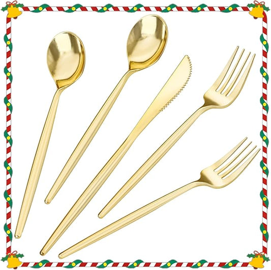 LIYH 360 Pcs Gold Christmas Plastic Silverware - Elegant Gold Silverware Disposable Christmas Utensils Set for Weddings, Parties & Events - Includes Forks, Spoons, Knives, Cutlery Tableware