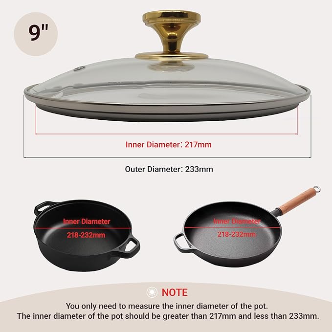 9 Inch Pan Lid for Frying Pan, 4mm Tempered Glass Pot Lid, Compatible with Dishwasher and Ovens