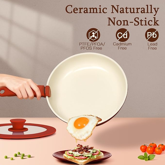 GiPP 5PCS Pots and Pans Set Non Stick, Nonstick Cookware Set Detachable Handle,Ceramic Pots for Cooking Non Stick with Removable Handle, RV Cookware Set, Red Black Gradien