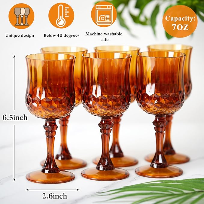 Pinkunn 6 Pcs 7 oz Plastic Vintage Wine Glasses Reusable Colored Goblets Patterned Drinking Water Glasses Cup Dishwasher Safe for Christmas Wedding Reception Party Supplies (Amber)