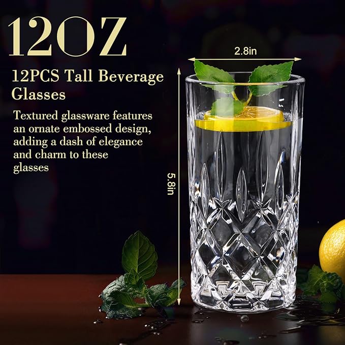 Uiifan Set of 12 Tall Highball Glasses 12 oz Crystal Drinking Glasses Clear Fancy Cups Vintage Textured Designer Glassware for Cocktail Tea Water Beer Soda Beverages, Dishwasher Safe (Classic Style)