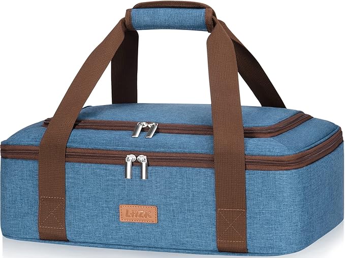 LHZK Double Decker Insulated Casserole Carrier for Hot or Cold Food, Expandable Hot Food Carrier, Lasagna Holder Tote for Potluck Parties, Picnic, Beach, Fits 11 x 15 or 9 x 13 Baking Dish (Blue)