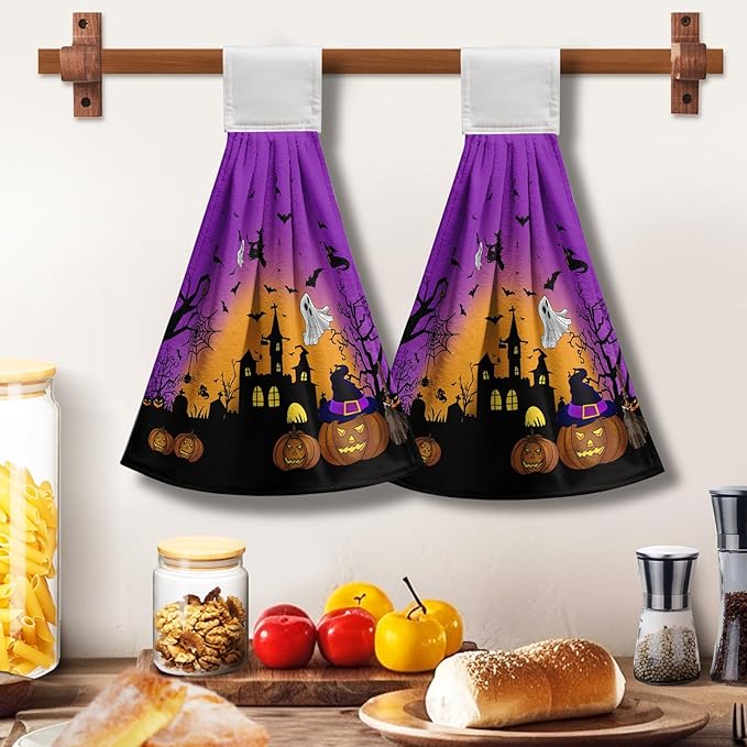 Halloween Pumpkin Hanging Kitchen Towels 2 Pcs Spooky Ghost Bat Hand Tie Towels Scary Night Dish Towel with Hanging Loop Soft Absorbent Washcloth for Bathroom Bathroom Home Decor