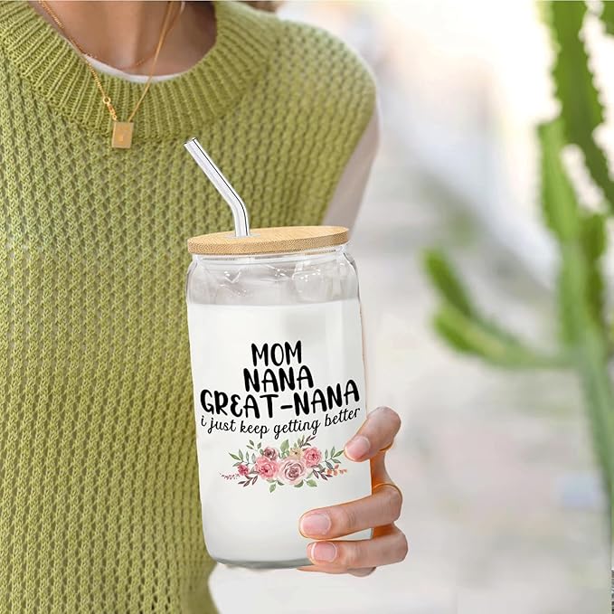 Christmas Grandmother Gifts For Mom Nana Great Nana Glass Coffee Cup With Lid And Straws 14oz - christmas Glass Cup gifts For Grandma