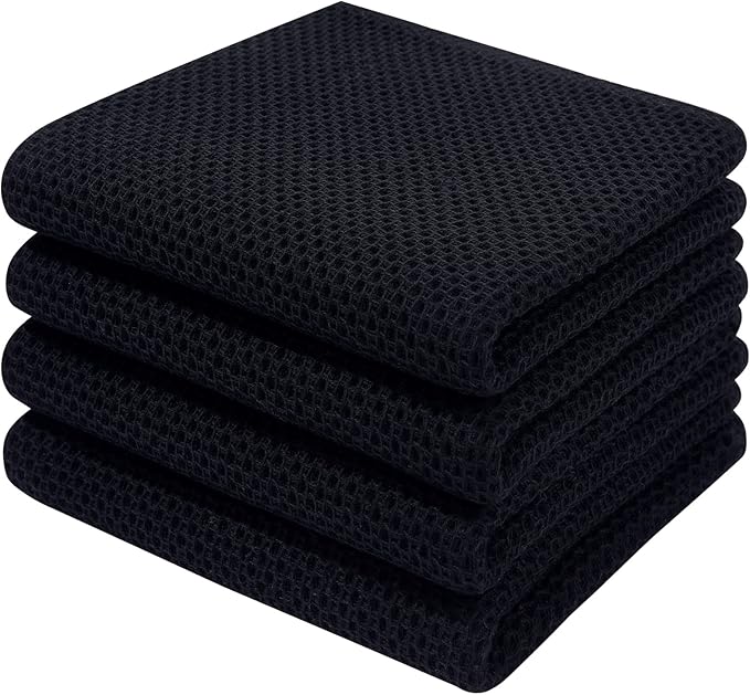 Homaxy 100% Cotton Waffle Weave Kitchen Dish Towels, Ultra Soft Absorbent Quick Drying Cleaning Towel, 13 x 28 Inches, 4-Pack, Black