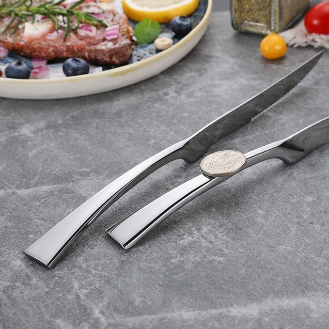 Lemeya Stainless Steel Steak Knives Set of 6,Forge Steak Knife,Serrated Steak Knives Set,6 Piece Heavy Steak Knives-10 inch,Mirror Polished,Dishwasher Safe