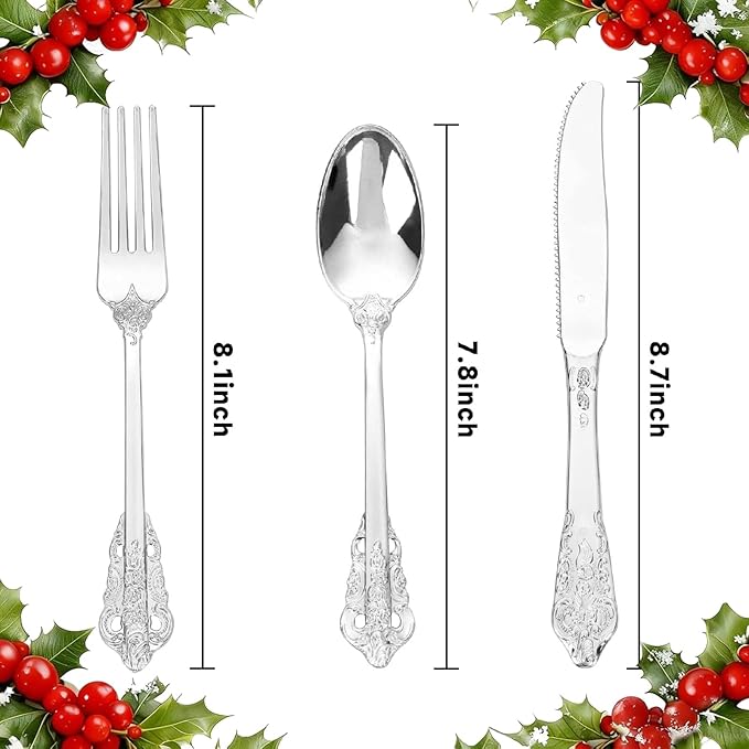 WDF 120PCS Silver Plastic Silverware - Heavy Duty Silver Plastic Cutlery Set - 40 Forks, 40 Spoons, 40 Knives, Perfect for Christmas Parties/Weeding