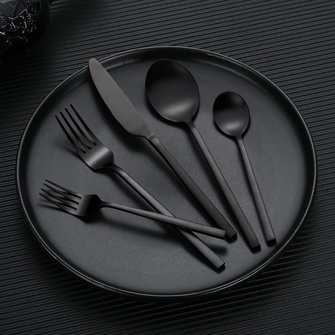 40-Piece Black Silverware Set, Rectangular Flatware Set for 8, Matte Stainless Steel Cutlery Set, Home Essentials and Kitchen Utensils Set, for Restaurant, Party And Wedding, Dishwasher Safe