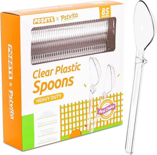 Plastic Spoons Heavy Duty, Disposable Clear Silverware Full Size 7.5", Pack of 85