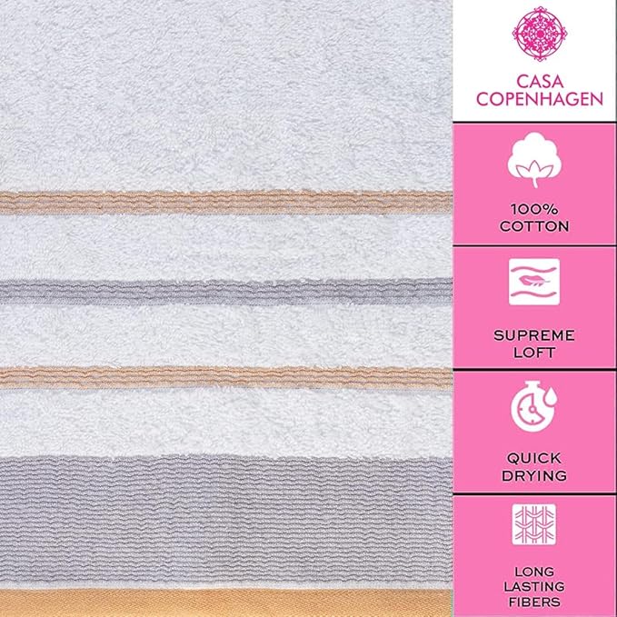 CASA COPENHAGEN White Bay, 6 Pieces Towel Set- White with Beige and Grey Violet Border, 600 GSM, 2Bath, 2Hand, 2Washcloths Egyptian Cotton Towel for Hotel Spa Kitchen Bathroom Kitchen & Shower