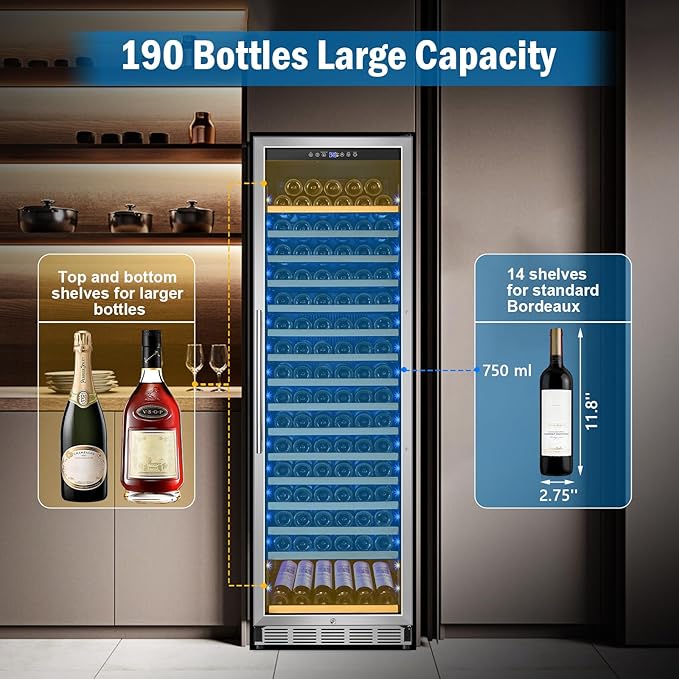 Wine Fridge 24 Inch, 190 Bottles Freestanding or Built-in Wine Cooler Refrigerator with Sliding Rail Shelves, Professional Wine Cellar Low Noise with Upgraded Reversible Door