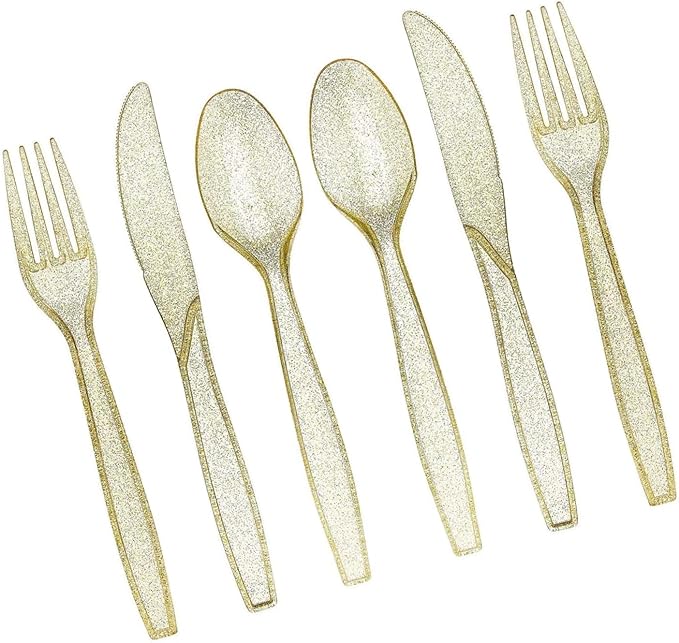 Prestee 180-Piece Gold Plastic Silverware Set - Durable Plasticware Includes 60 Forks, 60 Knives, 60 Spoons - Fancy, Disposable Plastic Utensils and Flatware for Weddings, Parties, and Holidays