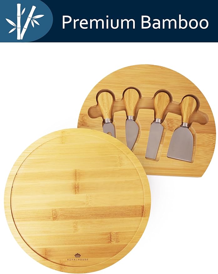 RoyalHouse Bamboo Round Cheese Board and 4 Knives Set with Slide-Out Cutlery Drawer - Charcuterie Boards Set - House Warming Gifts New Home, Wedding Gifts for Couple 2025, Bridal Shower