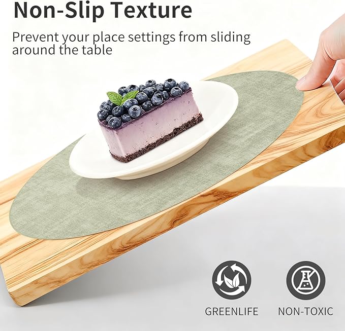 Maxpearl Round Placemats Set of 6, 13.8 inch Faux Leather Heat Resistant Table Mats, Non Slip Waterproof Wipeable Place Mats for Kitchen Dining Holiday Party Table Settings, Sage Green