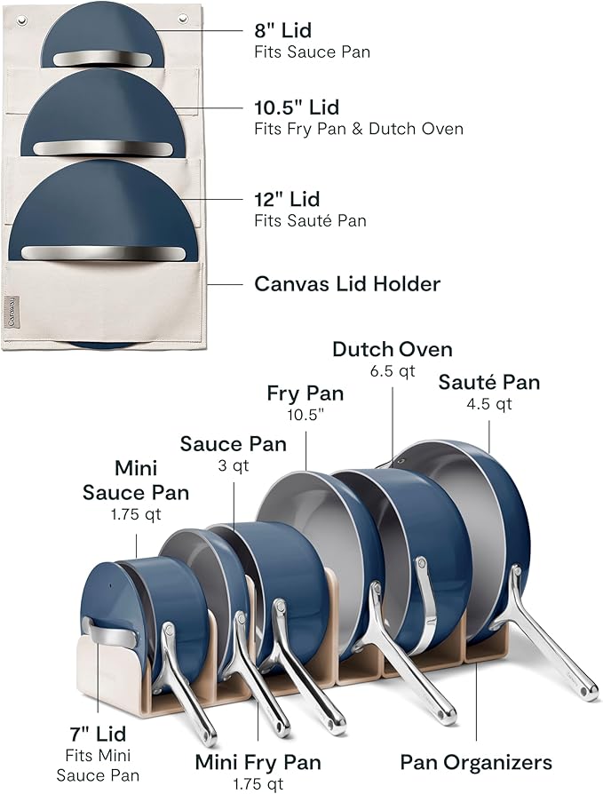Caraway Deluxe Non-stick Ceramic Cookware Set (16 Piece) Pots, Frying Pans, Lids and Kitchen Storage - PFAS & PFOA Free - Oven Safe Pan Set & Compatible with All Stovetops - Navy