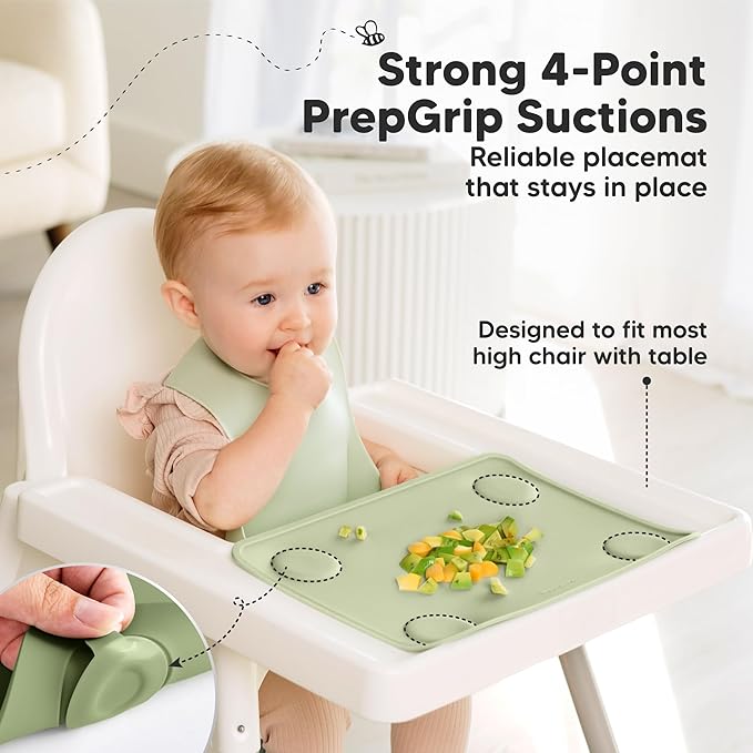 KeaBabies 2-Pack Silicone Placemats for Toddlers - 12x9 Non Slip Suction Baby Silicone Placemat for Kids Eating, Easy to Clean, Busy Travel Baby Mat for Dining Table, Food Grade/BPA-Free (Sage)