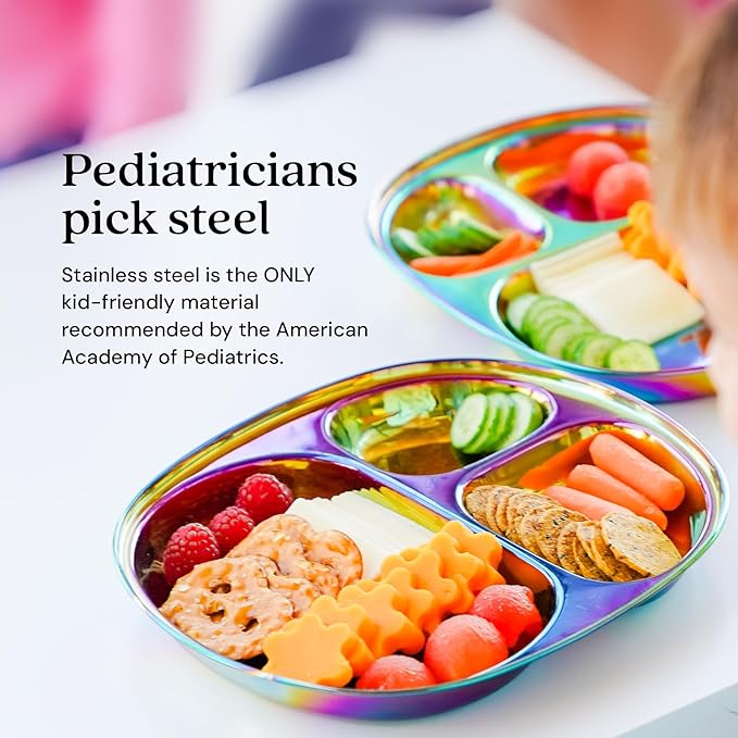 Ahimsa Stainless Steel Kids Plate, Pediatrician Designed Divided Toddler & Baby Plates, Non Toxic, Unbreakable & Dishwasher Safe, Rainbow