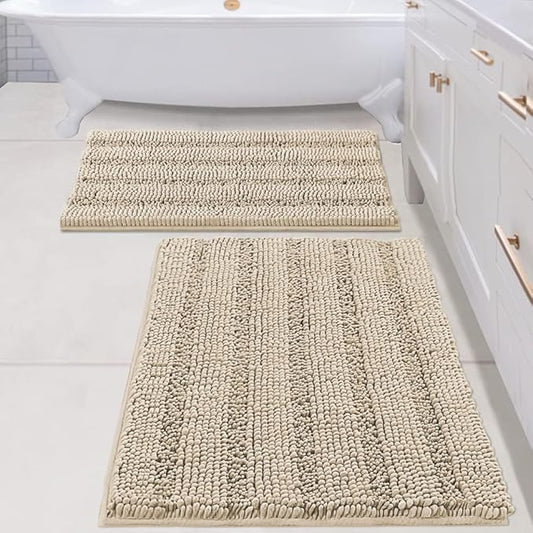 H.VERSAILTEX Bathroom Rug Sets 2 Piece Bath Mats Non Slip Thick Soft Chenille Striped Bath Rug achine Washable Shower Floor Rugs for Tub, Shower and Floor (Fog, 20" x 32"/24" x 36")