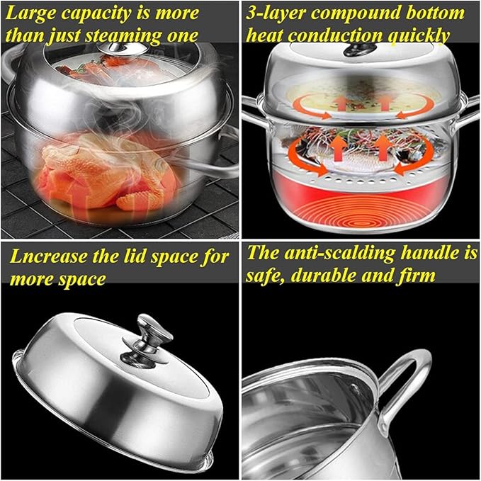 Stainless Steel Steamer Pot Thick-bottomed, 3 Tier Food Steamer for Cooking, Large Metal Steam Cooker, Work for Induction and Stove, Suitable for Tamale, Vegetable, Dumpling and Seafood