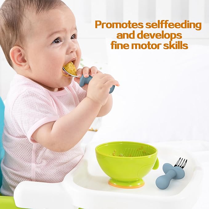 2 Pieces Toddler Utensils Forks and spoons set, Stainless Steel Childrens Silverware for Safe flatware Metal Kids Cutlery set with Round Handle, BPA Free, Anti-Choke Design (Lite Blue)