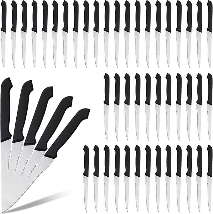 Therwen 50 Pieces 8.8 Inch Serrated Steak Knife Set Pointed Tip Stainless Steel Steak Knife Sharp Blade Flatware for Kitchen Restaurant Camping