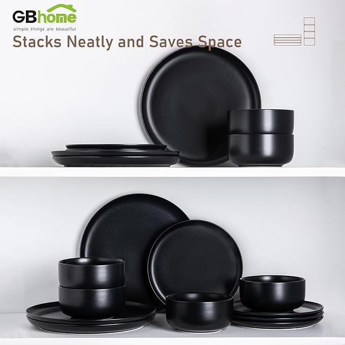 LERATIO Stoneware Dinnerware Sets for 4,Handcarft Ceramic Plates and Bowls Sets,Chip and Scratch Resistant Dishes, Dishwasher & Microwave Safe, Oven safe,Reactive Glaz-Black