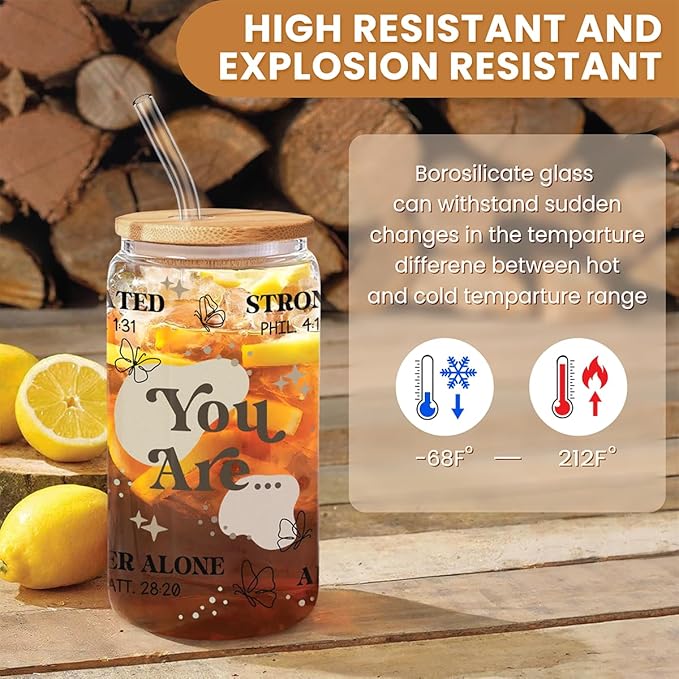 Christian Gifts for Women - Inspirational 16 Oz Can Glass Coffee Cup with Bamboo Lid & Straw- Religious, Motivational Catholic Gifts for Womens Ladies on Birthday