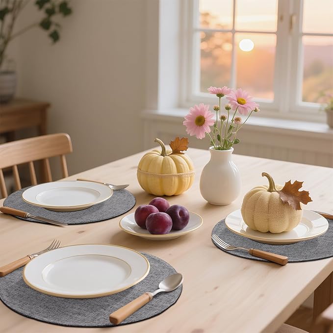 homing 15 Inch Round Cloth Placemats Set of 6, Cotton Linen Blend Washable Table Mats, Farmhouse Dining Place Mats for Indoors & Outdoors, Easy to Clean, Dark Grey