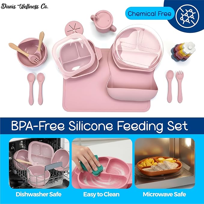 No-Mess Baby Feeding Set — Strong Suction Bowls + Soft Spoons (8-Piece) (Pink)