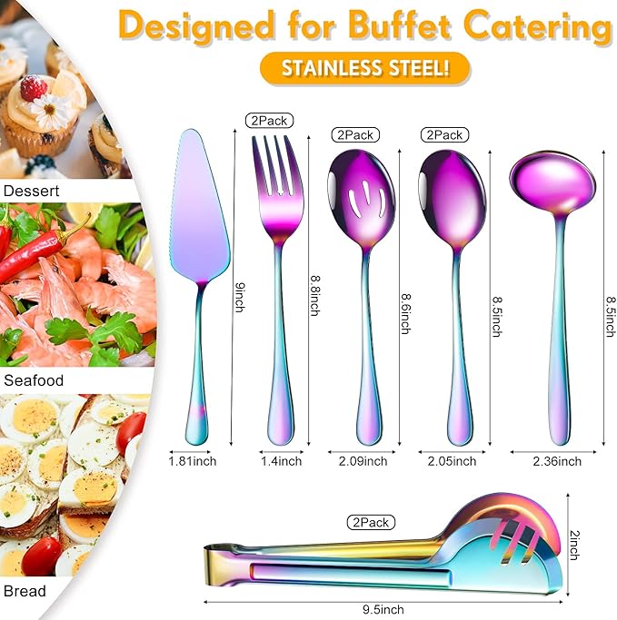 Patelai Serving Utensils Set Include Stainless Steel Large Spoons Slotted Spoons Forks Tongs Soup Ladle and Pie Server for Parties Buffet Catering, Dishwasher Safe(Rainbow,10 Pieces)