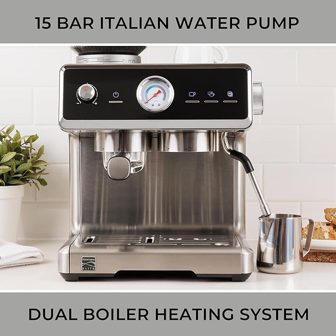 Kenmore Espresso Machine - Automatic Coffee Maker With Auto Tamper, Auto Cleaning, Milk Steamer & Frother, Bean Grinder, Make Professional Barista Style Cappuccino, Latte, Stainless Steel