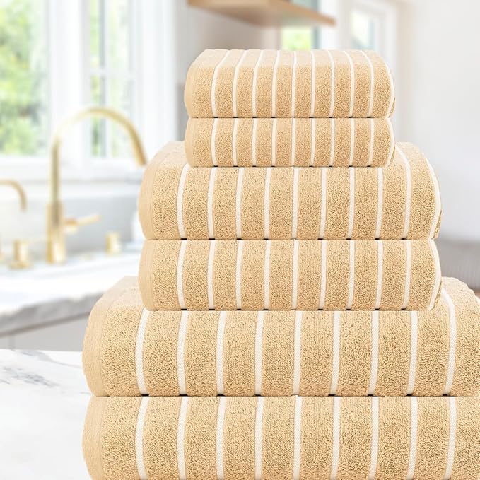 CASA COPENHAGEN Ecstatic 6 Pieces Towel Set- Beige, 600 GSM 2 Bath Towel 2 Hand Towel 2 Washcloth, Designed in Denmark Made of Soft Egyptian Cotton for Bathroom, Kitchen & Shower
