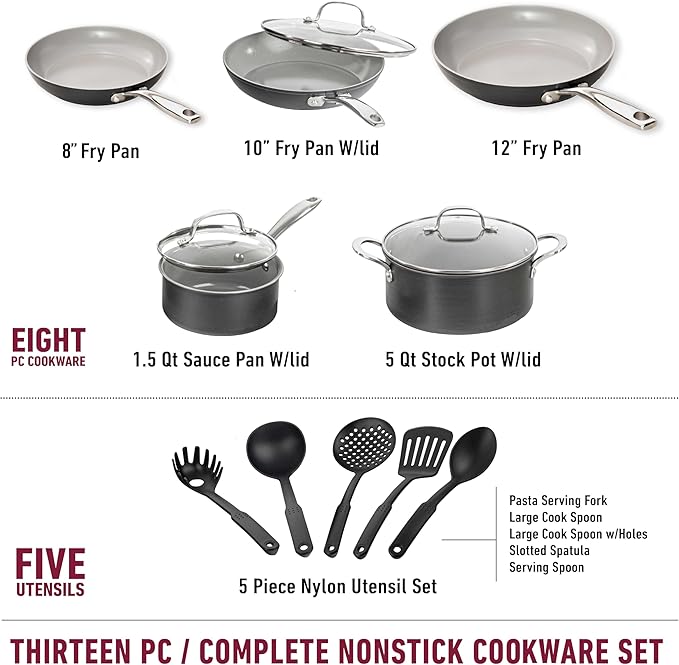 Granitestone Pro 13pcs Pots and Pans Set Non Stick Ceramic Cookware Set with 5 Utensils, Premium Chef Quality Hard Anodized Exterior with Diamond and Mineral Coating, Oven and Dishwasher Safe