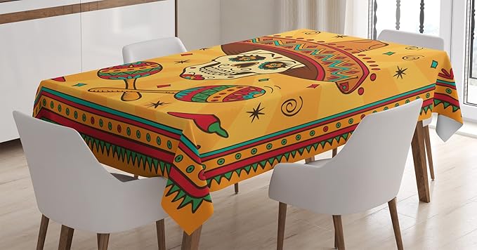 Ambesonne Mexican Tablecloth, Mexican Sugar Skull Cartoon Carnival Cartoon Traditional Celebration Print, Dining Room Kitchen Rectangular Table Cover, 52" X 70", Orange Teal