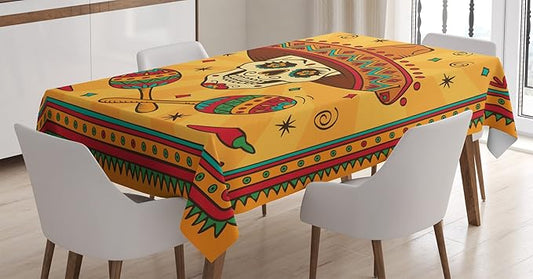 Ambesonne Mexican Tablecloth, Mexican Sugar Skull Cartoon Carnival Cartoon Traditional Celebration Print, Rectangular Table Cover for Dining Room Kitchen Decor, 60" X 90", Orange Teal