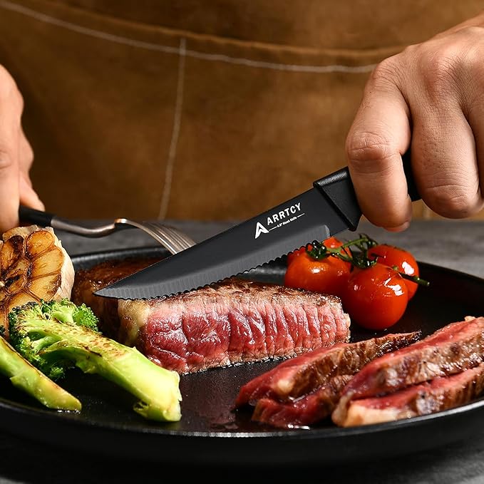 Steak Knives Set of 4 - German Stainless Steel 4.5 Inch Serrated Steak Knives - Ergonomic Anti-Slip Handles - Dishwasher Safe - Elegant Gift for Holidays - Black