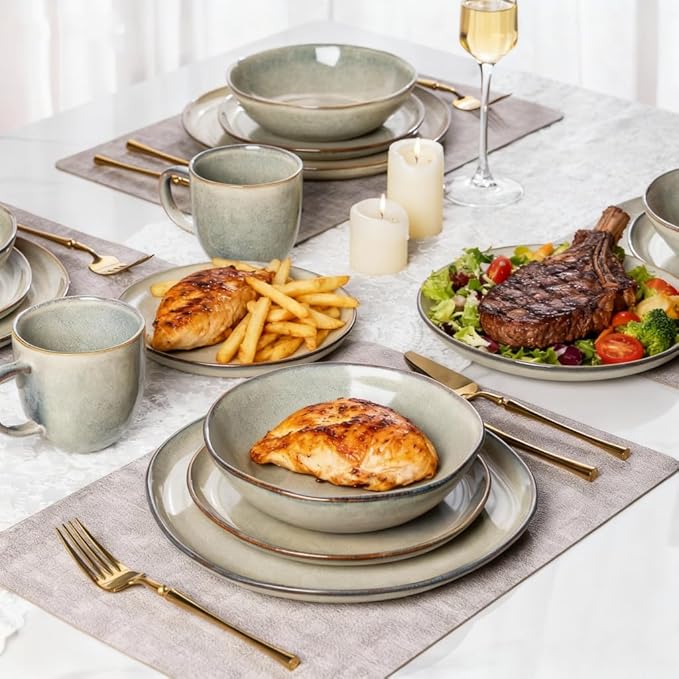 AmorArc Ceramic Dinnerware Sets,Handmade Reactive Glaze Stoneware Plates and Bowls Set,Highly Scratch Resistant | Dishwasher & Microwave Safe Dishes Set,Service for 4 (12pc)