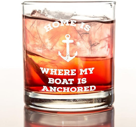 kunlisa Boat Gifts Whiskey Glasses, Nautical Gifts for Boaters, Home Is Where My Boat Is Anchored 10 oz Drinking Rocks Glasses for Men Whisky Cocktail Scotch Bourbon Liquor