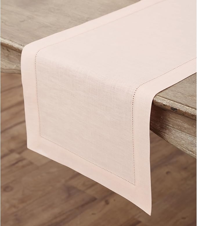 Solino Home Linen Pink Table Runner 48 Inches - Classic Hemstitch, 100% Pure Linen Coffee Table Runner 14 x 48 Inch Ideal for Dresser Tables - Valentines