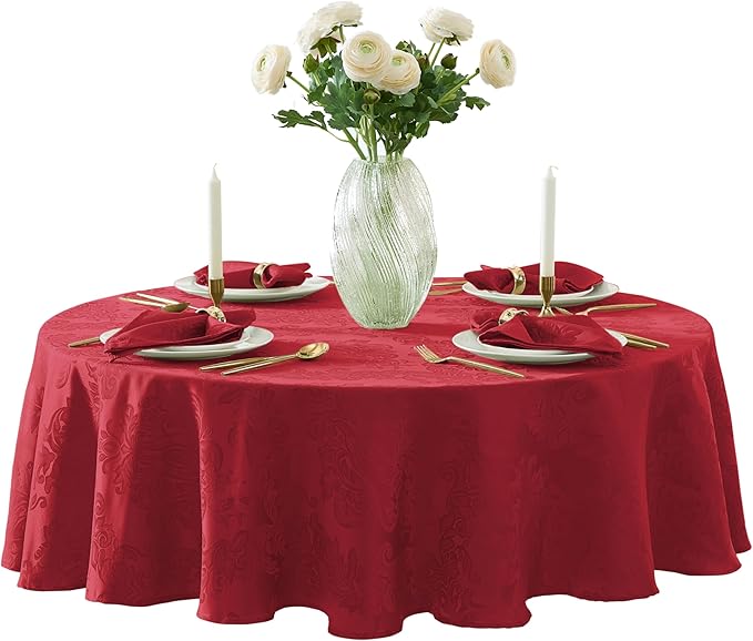 Newbridge Christmas Barcelona Damask Fabric Tablecloth, 90 Inch Round, Red – No Iron, Soil Resistant Table Cover for Dining, Parties and Holidays