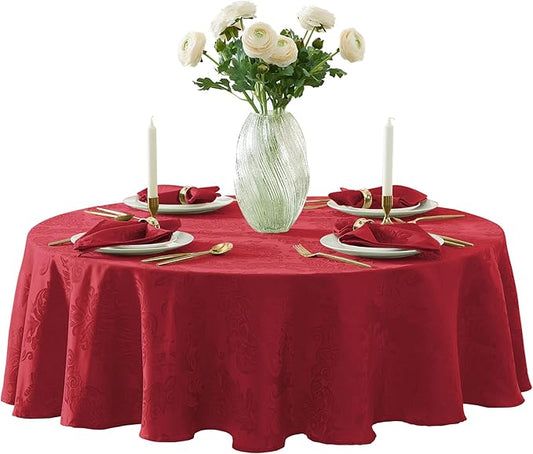Newbridge Christmas Barcelona Damask Fabric Tablecloth, 90 Inch Round, Red – No Iron, Soil Resistant Table Cover for Dining, Parties and Holidays